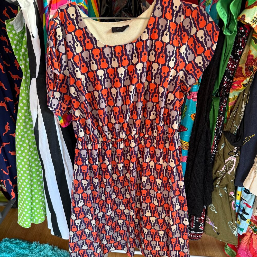 ModCloth Purple and Orange Guitar-Print Midi Dress
